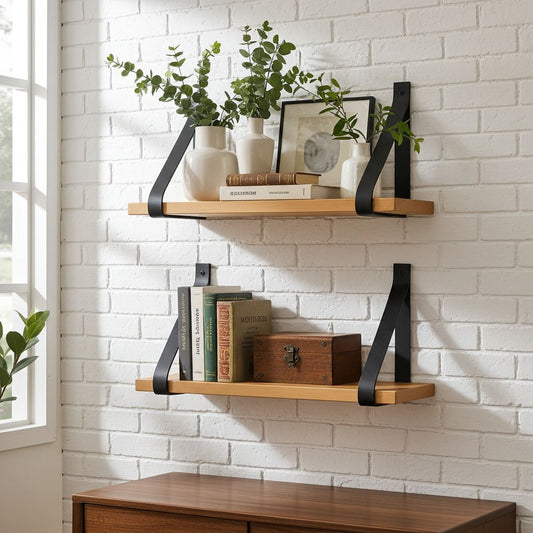 Set de 2 Repisas Modernas en Madera y Cuero
